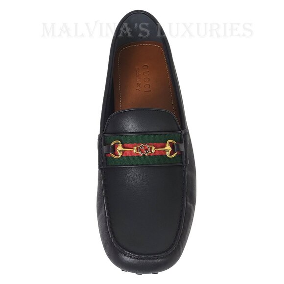 GUCCI SHOES MENS BLACK LEATHER HORSEBIT LOGO DRIVER LOAFERS w WEB sz 13 13.5 - Picture 7 of 16